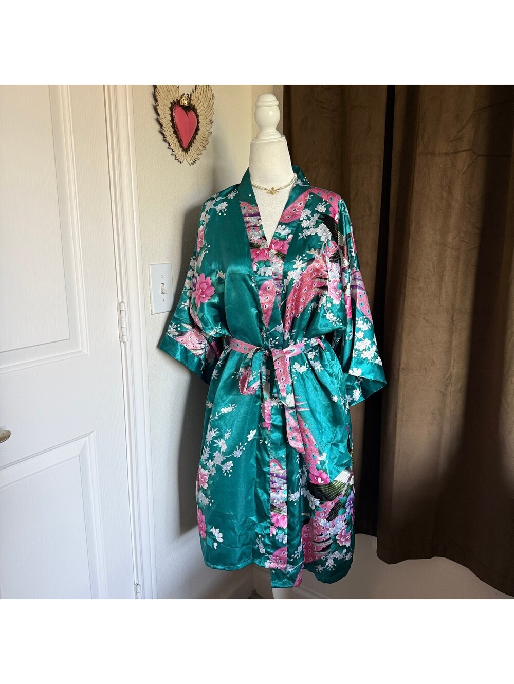 Teal Satin Kimono Robe Peacock Floral Print Belted Dressing Gown One Size